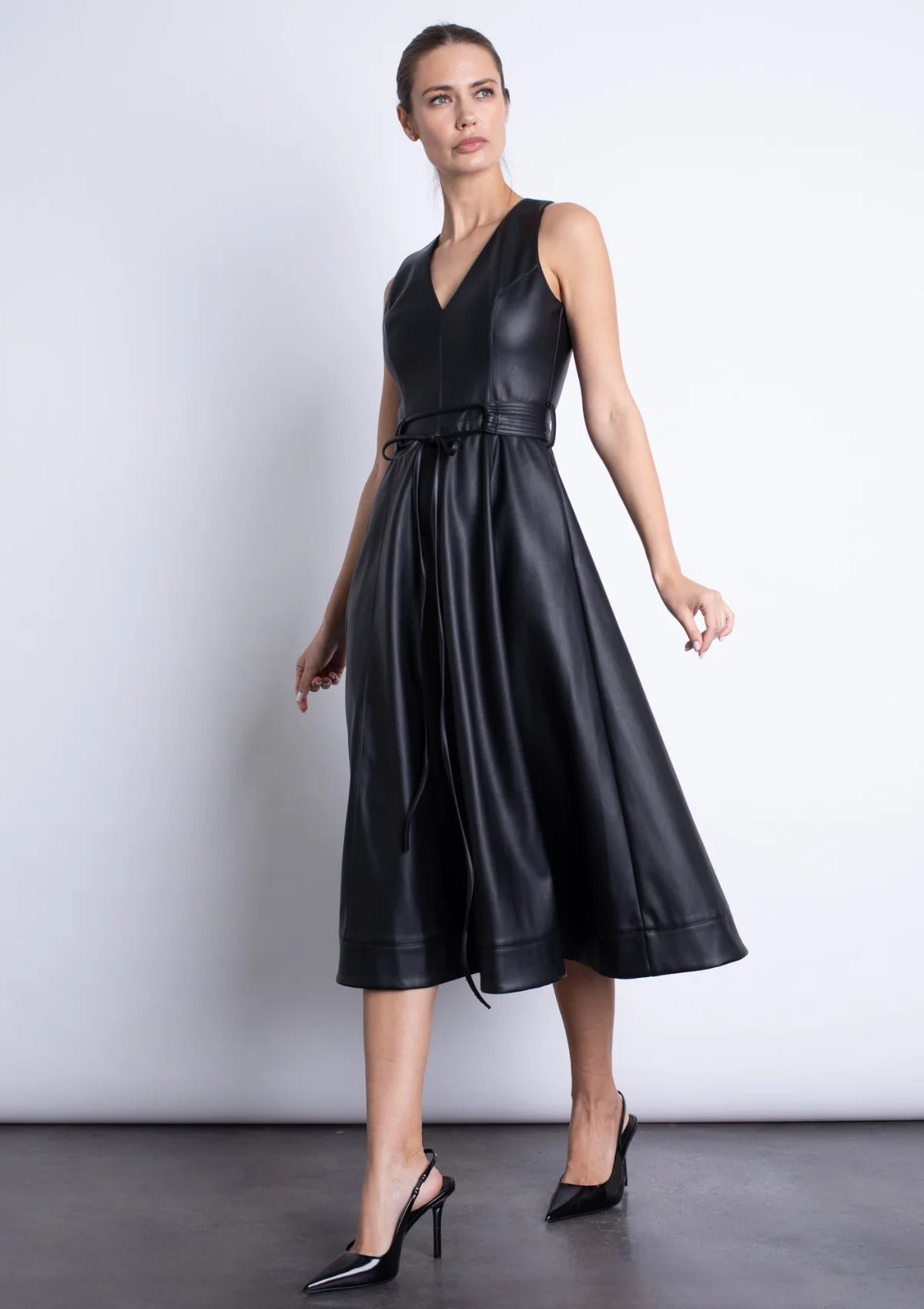 Karina Grimaldi Honoria Leather Midi Dress